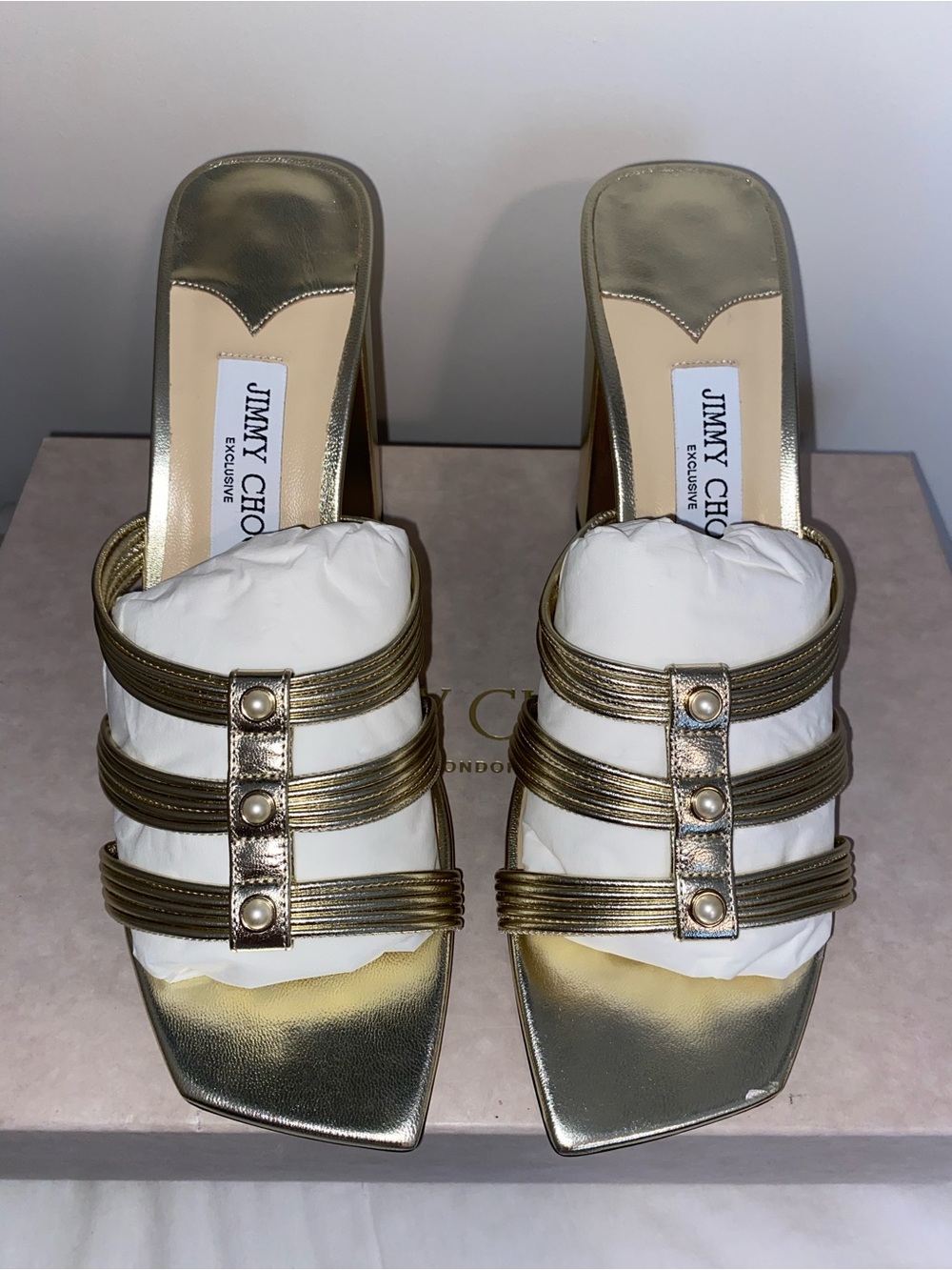 Jimmy Choo Metallic Gold Pearl-Embellished Strappy Block Mules